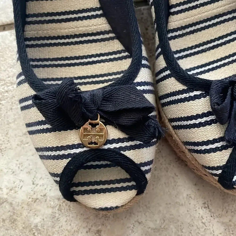 Tory Burch Jackie Striped Peep-Toe Wedge sandal Ivory Navy
